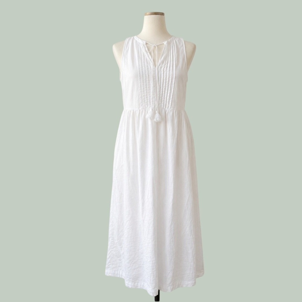 White Linen Blend Pintuck Tassel Midi Dress Womens Medium Casual Sun Dress Boho